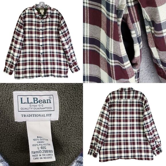 L.L. Bean Other - LL Bean Shirt Mens Flannel LS Button Up Size Large Plaid Shacket Fleece Lined